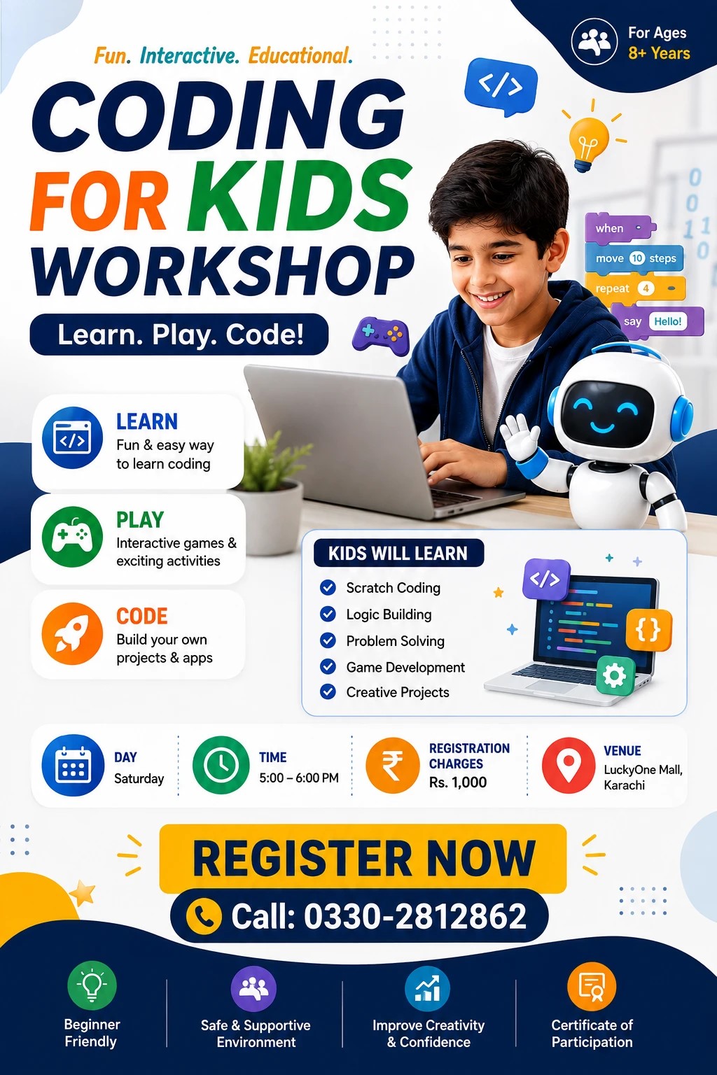 Student coding with a robot friend